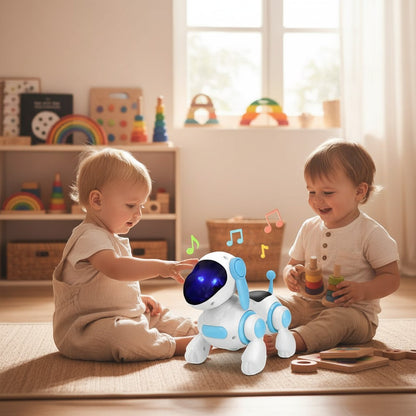 Petit Éveil Montessori chien robot interactif blanc et bleu, jouet éducatif pour enfants, avec lumières LED bleues.