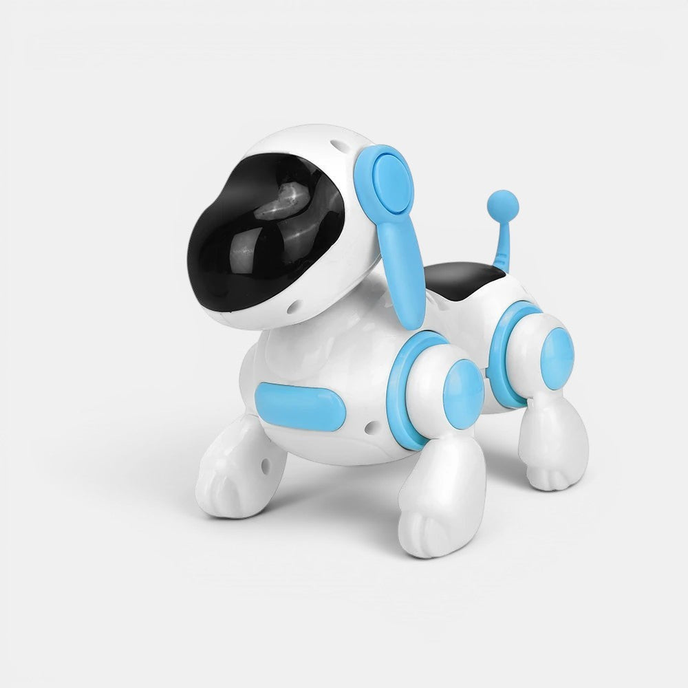 Chien robot interactif Petit Éveil Montessori blanc et bleu, jouet éducatif pour enfants, stimule la curiosité et l'apprentissage.