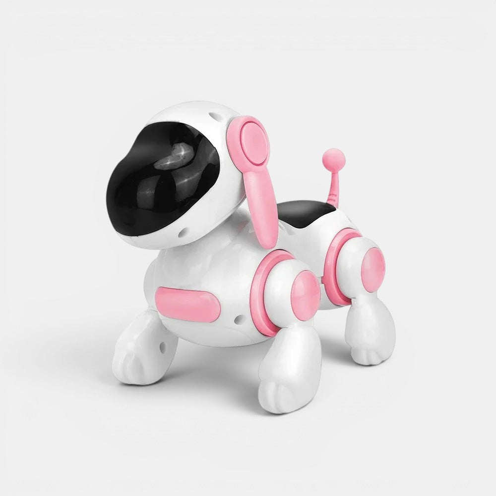 Chien robot interactif blanc et rose de Petit Éveil Montessori, jouet éducatif pour enfants, design futuriste.