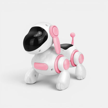Chien robot interactif blanc et rose de Petit Éveil Montessori, jouet éducatif pour enfants, design futuriste.