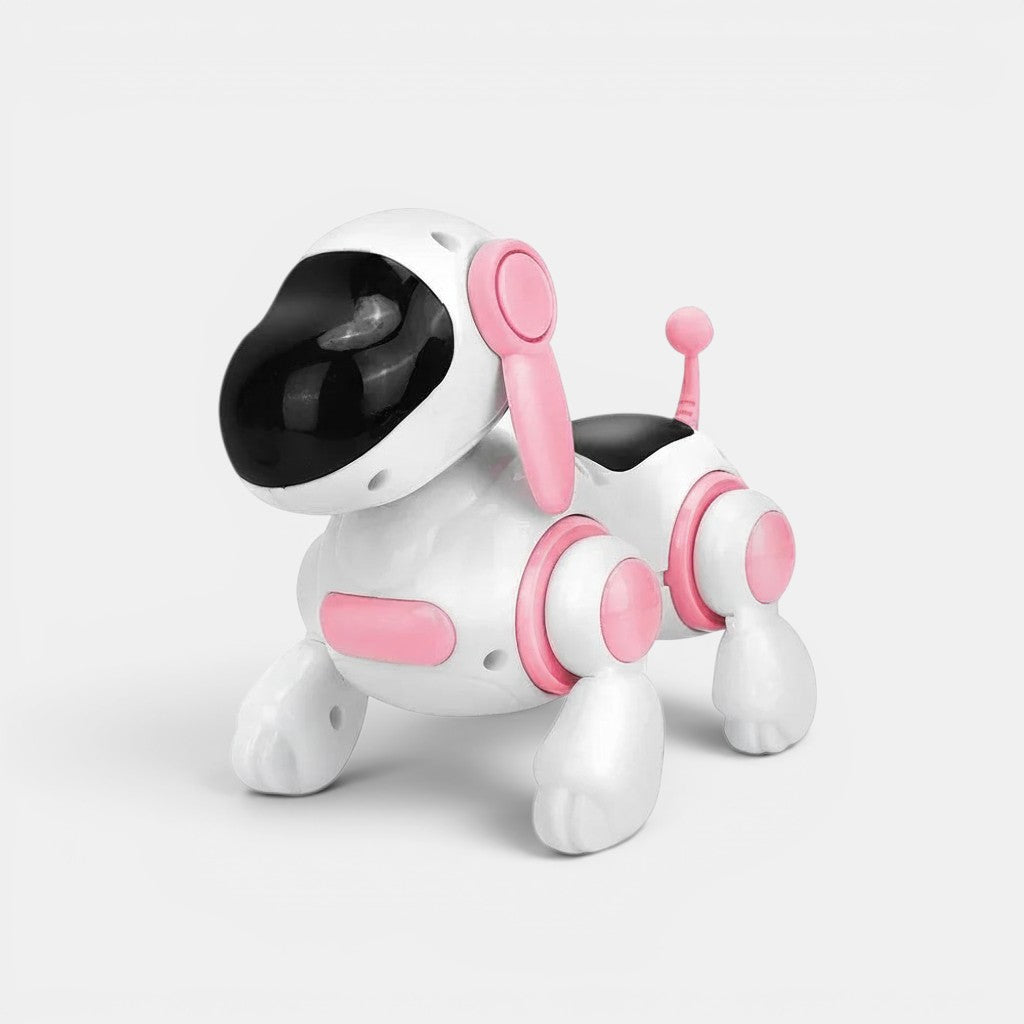 Petit Éveil Montessori chien robot interactif blanc et rose, jouet éducatif pour enfants, stimule la curiosité et l'apprentissage.