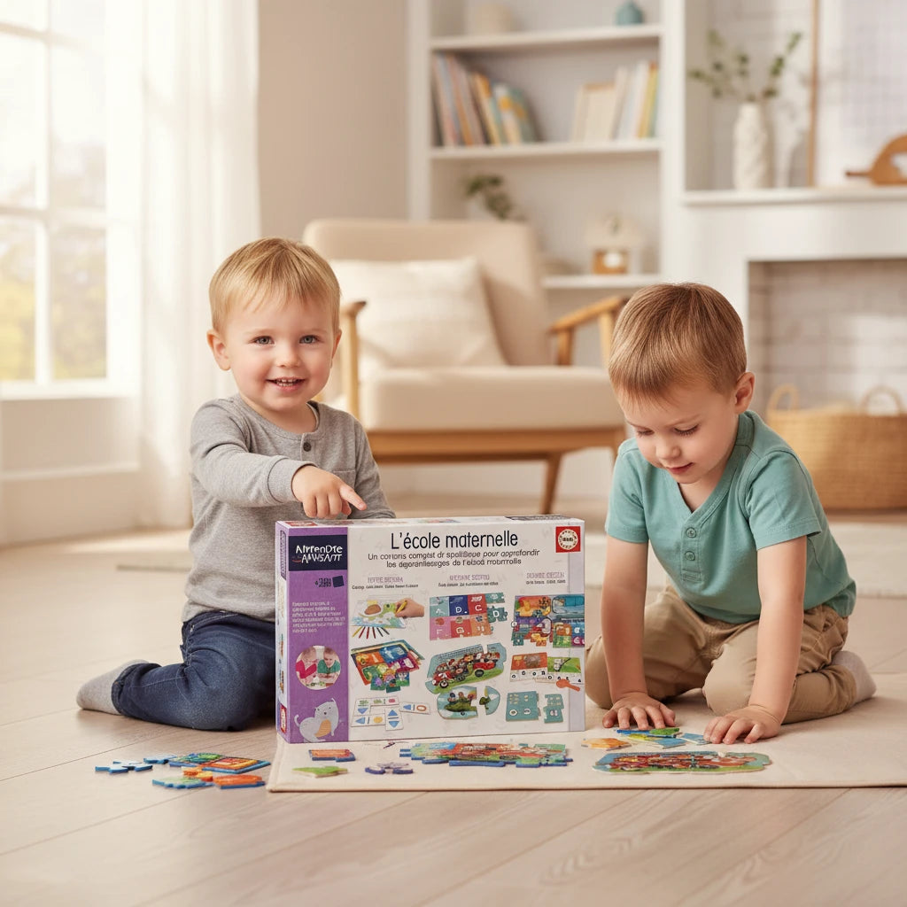 Deux enfants jouent avec le coffret d’activités éducatives Montessori Petit Éveil Montessori sur un tapis