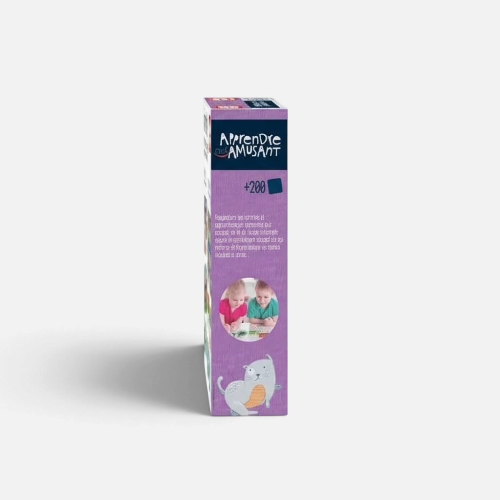 Côté de la boîte du coffret d'activités éducatives Petit Éveil Montessori avec illustrations ludiques et colorées