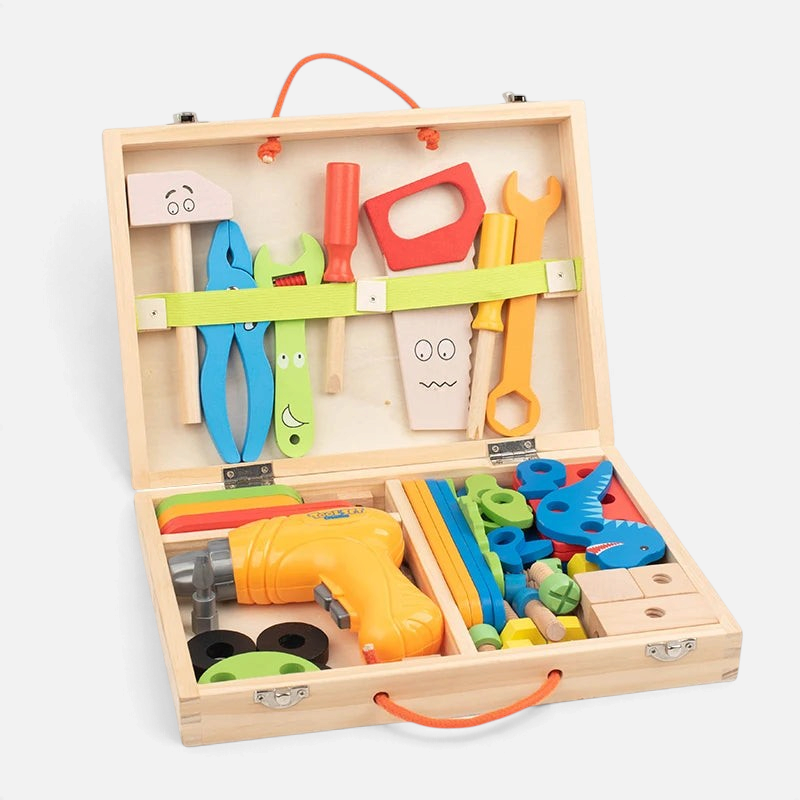 Coffret de bricolage en bois Petit Éveil Montessori avec outils colorés, perceuse et pièces de construction pour enfants