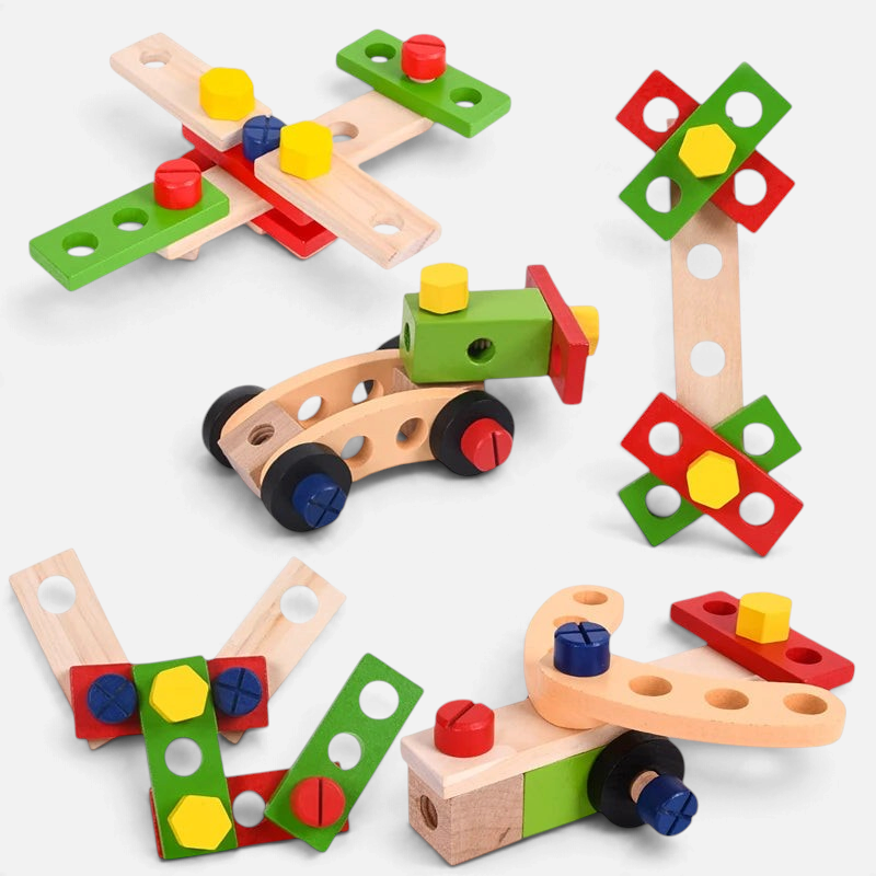 Coffret de bricolage Montessori Petit Éveil Montessori avec pièces en bois colorées pour assembler des véhicules