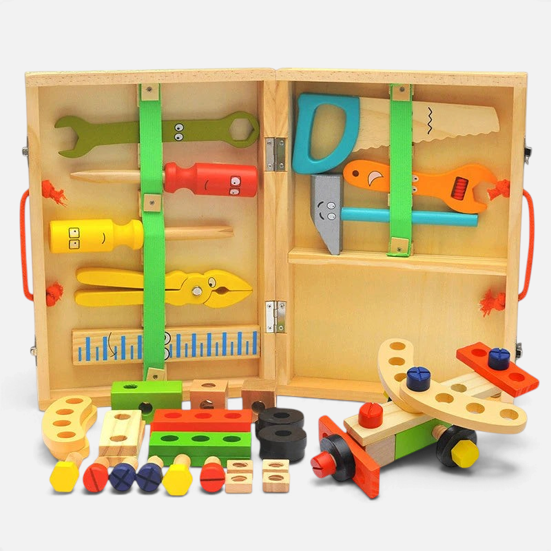 Coffret de bricolage Petit Éveil Montessori en bois avec outils colorés, vis et pièces de construction pour enfants