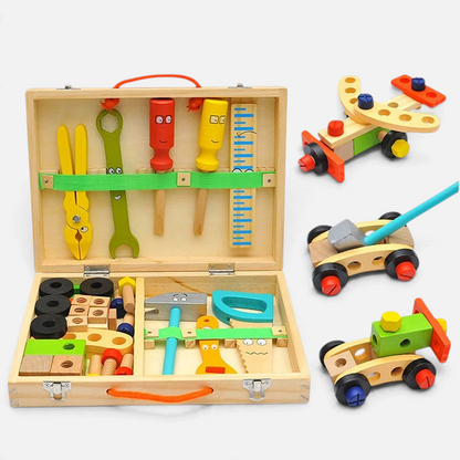 Coffret de bricolage en bois Petit Éveil Montessori avec outils colorés, vis et pièces pour constructions créatives.