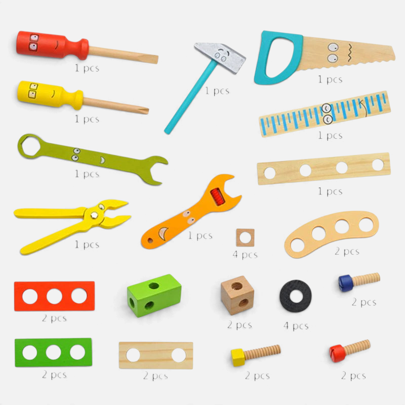 Coffret de bricolage Montessori Petit Éveil Montessori avec outils en bois colorés, vis, écrous et pièces à assembler.