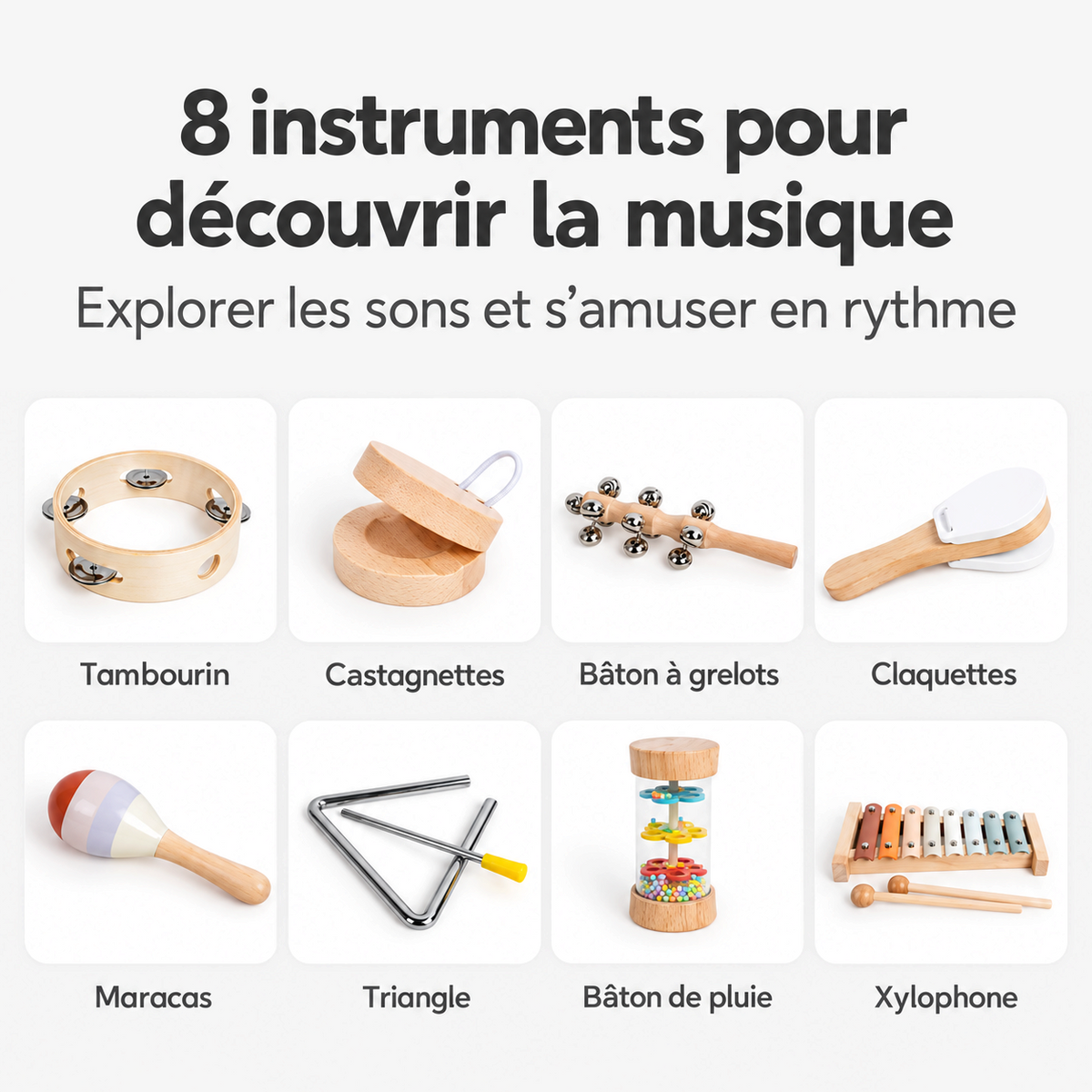 Coffret musical Petit Éveil Montessori avec 8 instruments en bois et couleurs pastel pour l'éveil sonore des enfants.