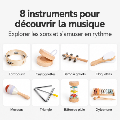 Coffret musical Petit Éveil Montessori avec 8 instruments en bois et couleurs pastel pour l'éveil sonore des enfants.
