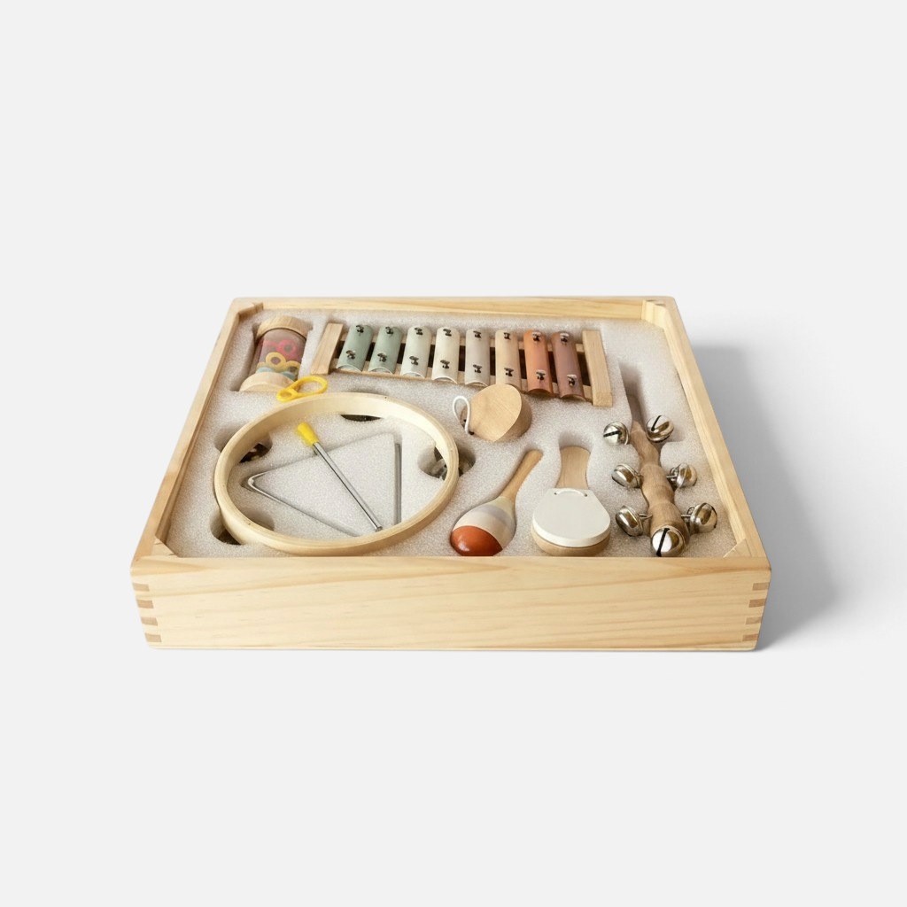Coffret musical Petit Éveil Montessori en bois avec 8 instruments aux couleurs pastel dans un rangement compartimenté