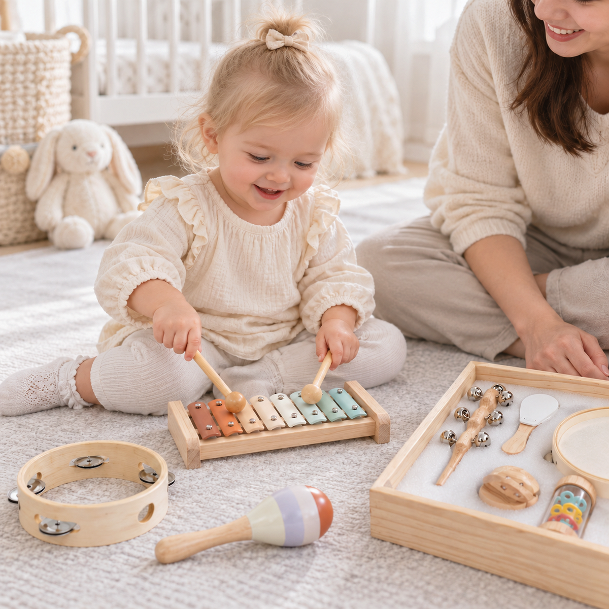 Enfant jouant du xylophone Petit Éveil Montessori avec des instruments en bois et couleurs pastel dans une chambre