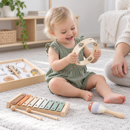 Bébé jouant avec un tambourin du coffret musical en bois Petit Éveil Montessori sur un tapis dans une chambre