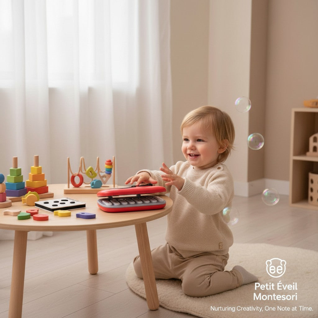 Petit Éveil Montessori : Console de jeu rythme musical rouge et turquoise avec clavier et disque vinyle, jouet éducatif pour enfants.