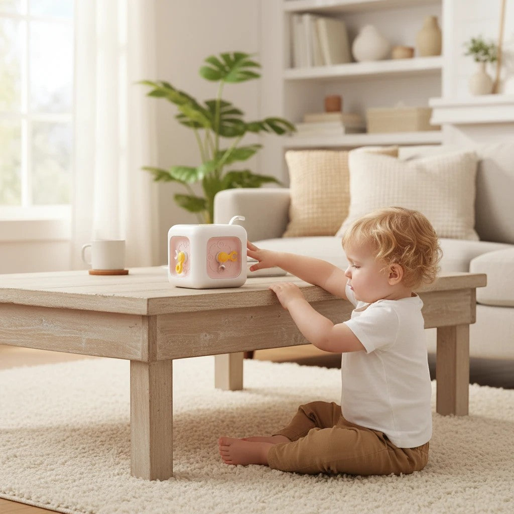Enfant jouant avec un cube d'activité Petit Éveil Montessori 6 en 1 rose et blanc dans un salon lumineux.