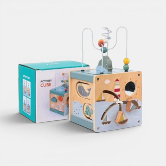 Petit Éveil Montessori Cube d'activité en bois avec perles, baleine, phare et bateaux. Jouet 5 en 1 pour motricité fine.