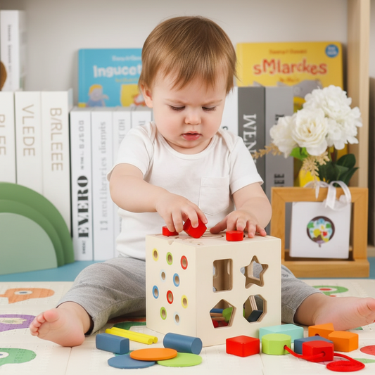 A baby playing with a wooden Montessori activity cube from Petit Éveil Montessori to develop fine motor skills.