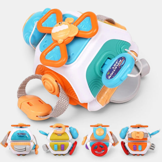 Petit Éveil Montessori Cube d’Activités Éducatif Enfant, jouet sensoriel multicolore avec hélice, clés, volant et boutons pour motricité fine.