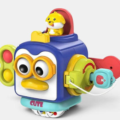 Petit Éveil Montessori Cube d’activités éducatif enfant, jouet sensoriel en plastique bleu et jaune avec un petit chien