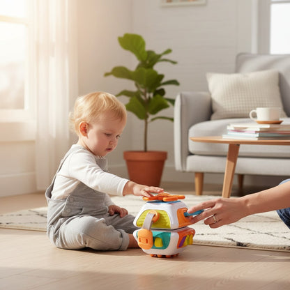 Petit Éveil Montessori Cube d’Activités Éducatif Enfant, jouet sensoriel multicolore avec hélice, clés et volant.