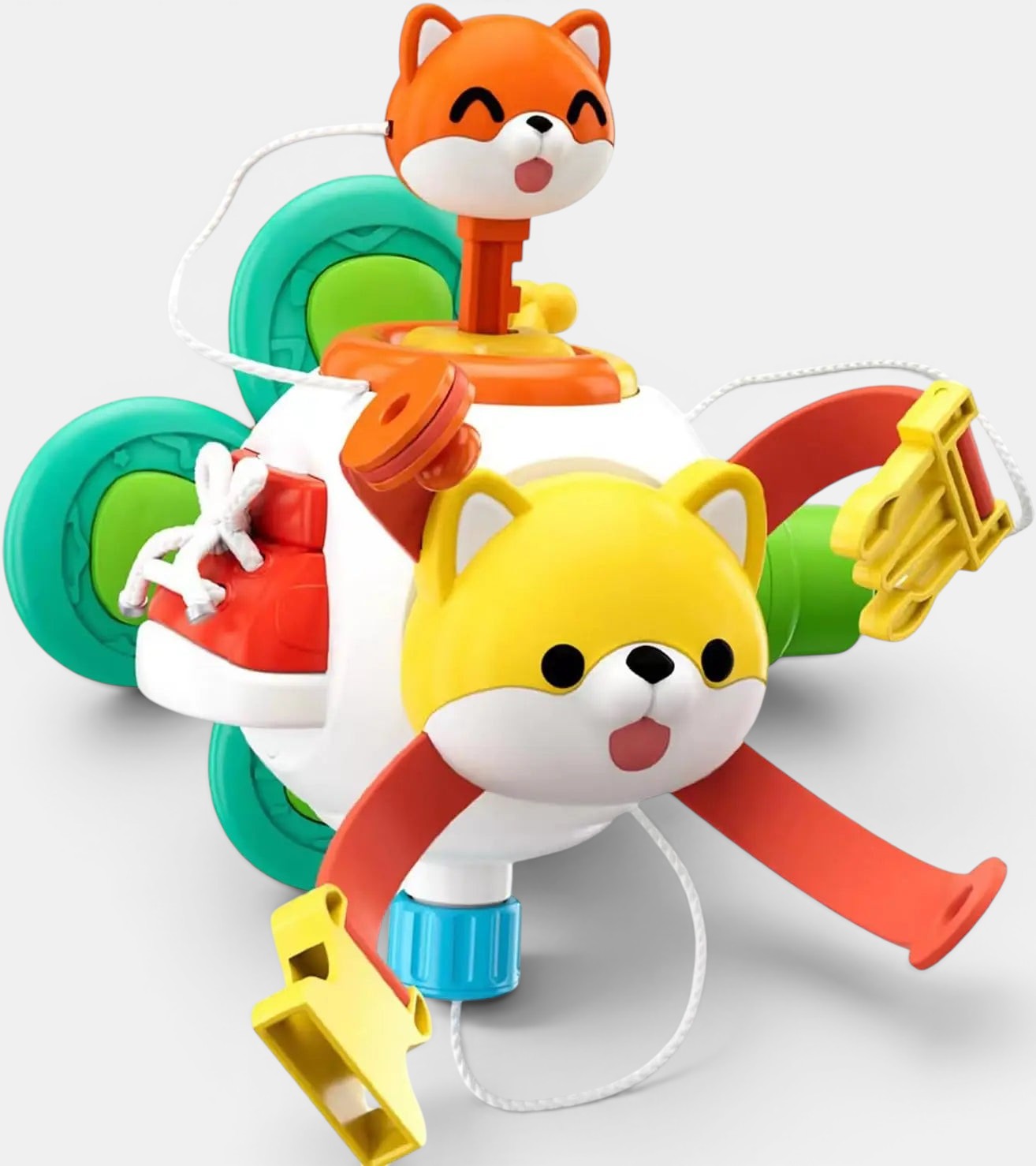 Petit Éveil Montessori - Cube d'activités éducatif pour enfant avec renards, lacet, clé et roues