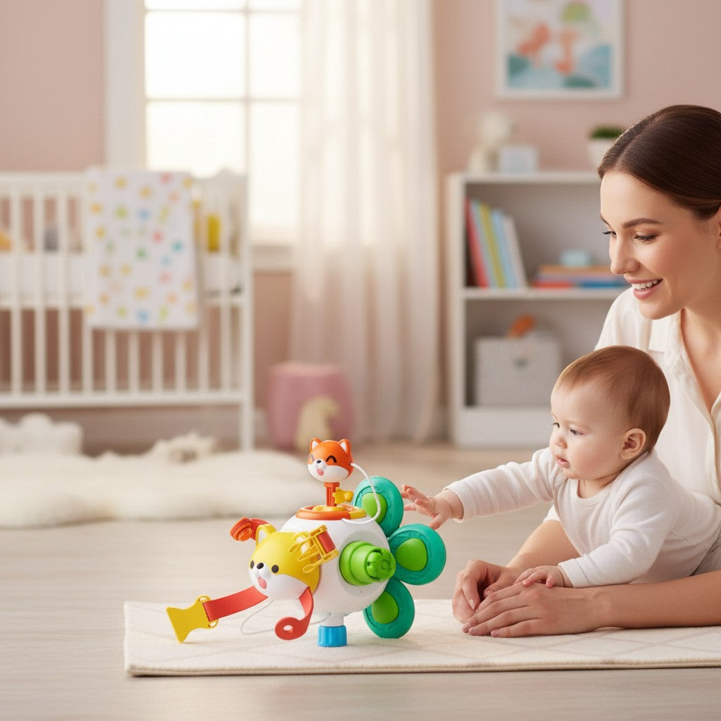 Petit Éveil Montessori Cube d’activités éducatif pour enfant avec renards, lacets et os.