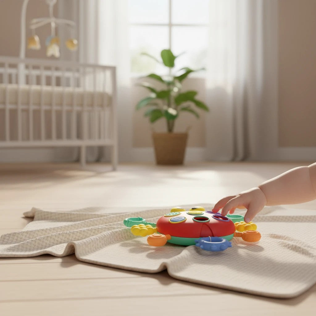 Bébé jouant avec un cube d'éveil sensoriel Petit Éveil Montessori coloré sur un tapis dans une chambre d'enfant.