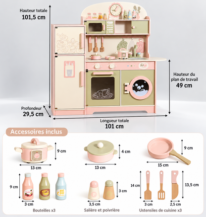 Grande cuisine Montessori en bois Petit Éveil Montessori avec accessoires, coloris rose poudré, vert sauge et beige.