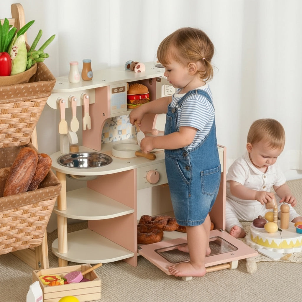 Enfant jouant avec une cuisine Petit Éveil Montessori en bois rose et beige avec four, évier et accessoires