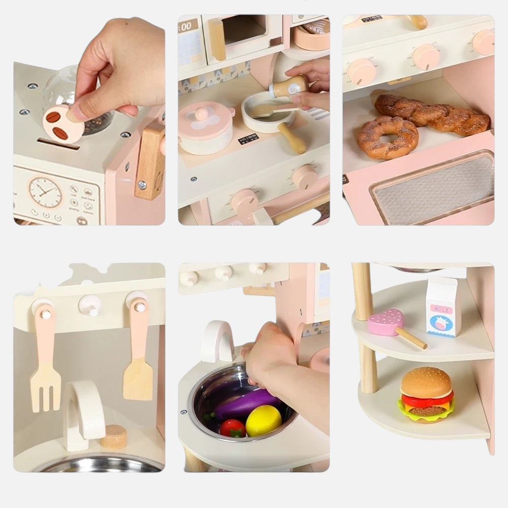 Cuisine Montessori en bois Petit Éveil Montessori avec accessoires, four, évier et ustensiles pour enfant.