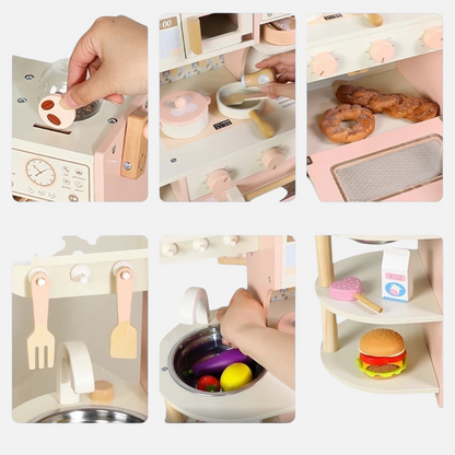 Cuisine Montessori en bois Petit Éveil Montessori avec accessoires, four, évier et ustensiles pour enfant.