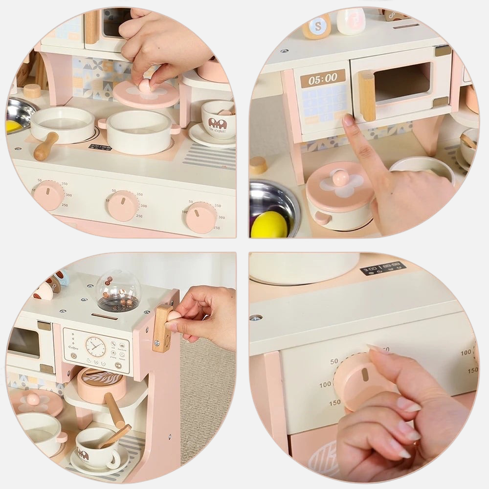 Cuisine Montessori en bois Petit Éveil Montessori avec four, micro-ondes et accessoires pour jeu d'imitation enfant