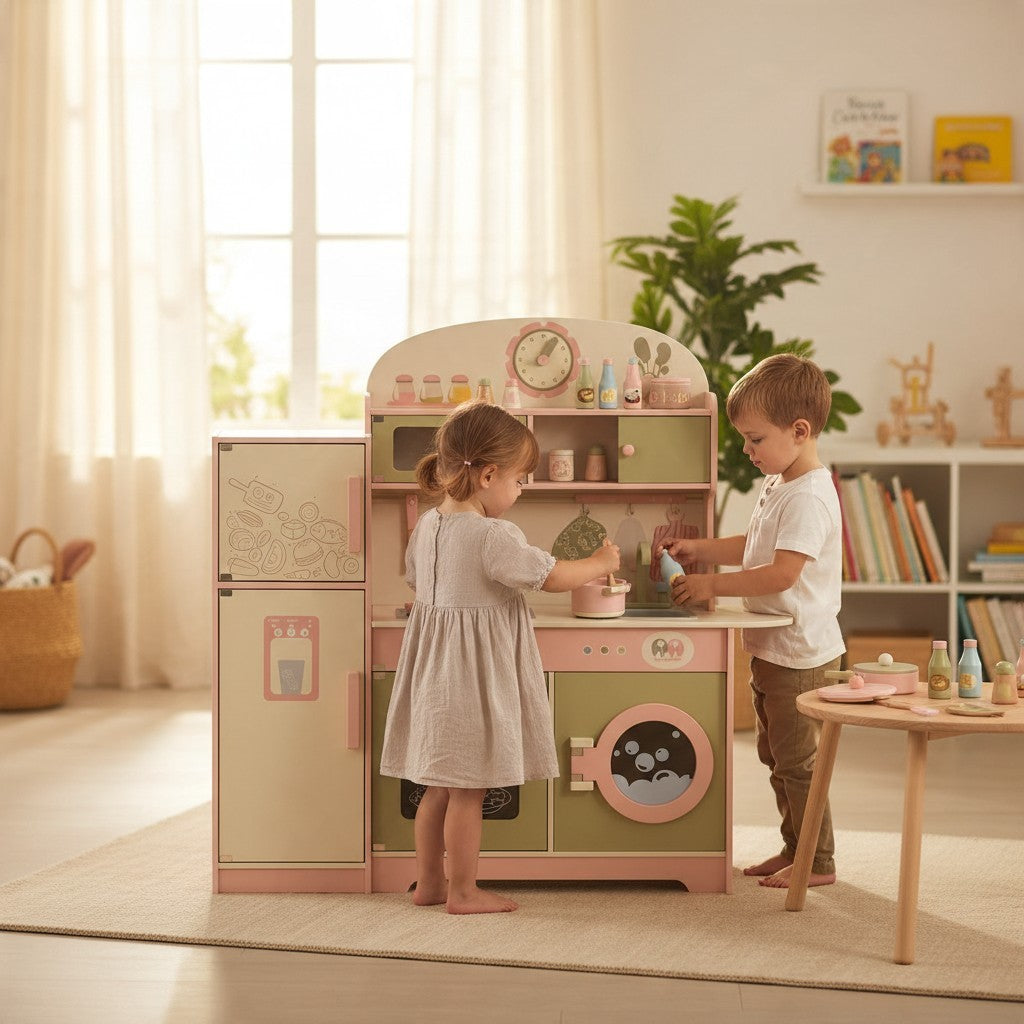 Enfants jouant avec la grande cuisine Montessori en bois Petit Éveil Montessori rose, vert sauge et beige