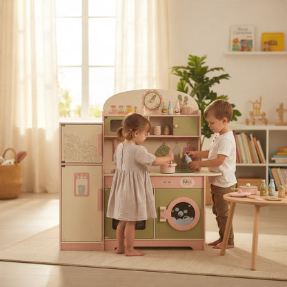 Enfants jouant avec la grande cuisine Montessori en bois Petit Éveil Montessori rose, vert sauge et beige