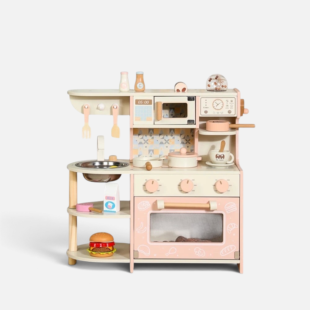 Cuisine Petit Éveil Montessori en bois avec four, micro-ondes et accessoires pour jeu d'imitation enfant