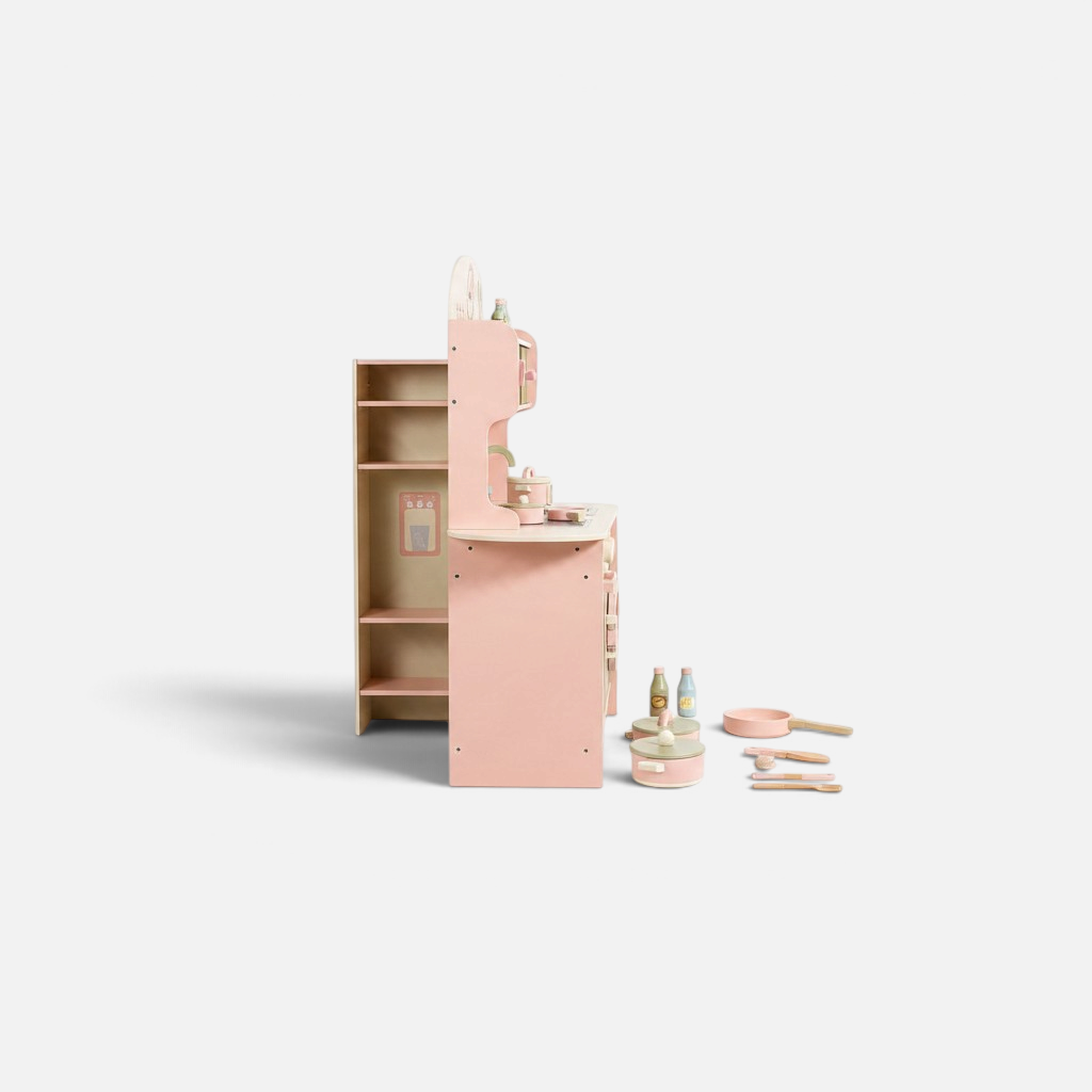 Grande cuisine Montessori en bois Petit Éveil Montessori rose et vert sauge avec accessoires de jeu