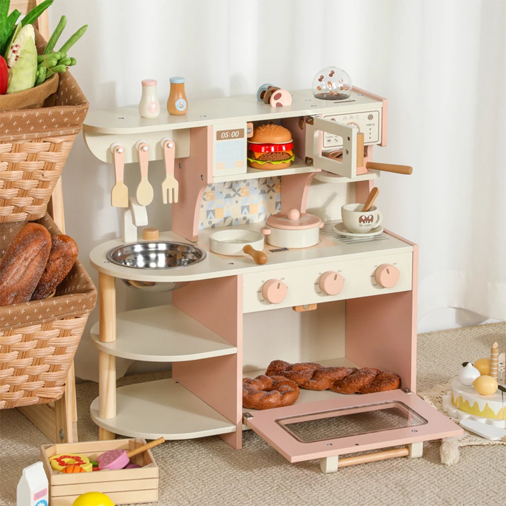 Cuisine Montessori en bois Petit Éveil Montessori rose et crème avec four, micro-ondes et accessoires de jeu