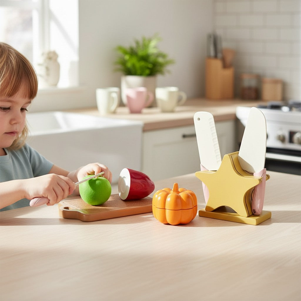 Petit Éveil Montessori, ensemble de cuisine en bois pour enfants, 7 pièces, fruits et légumes à découper, avec planche et couteaux.