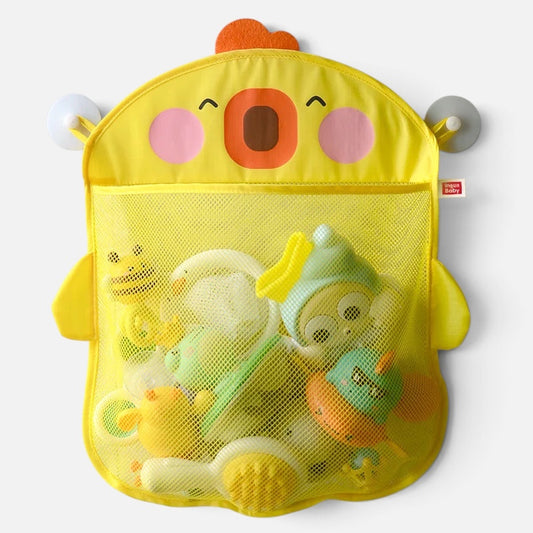 Petit Éveil Montessori yellow duck-shaped mesh bath toy storage bag with suction cups for bathroom wall organization