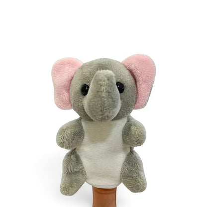 Petit Éveil Montessori grey elephant plush finger puppet with soft pink ears and white belly for interactive play