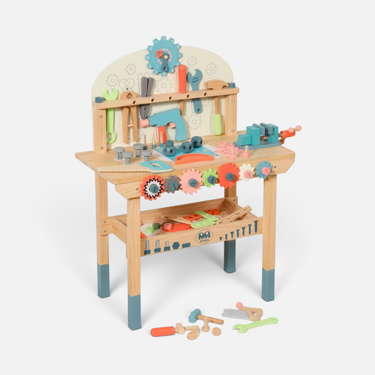 Petit Éveil Montessori Wooden DIY Workbench with Tools, Colorful Gears, and a Vice for Children