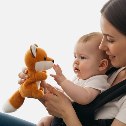 Petit Éveil Montessori plush fox finger puppet being held by a mother for her baby in a carrier