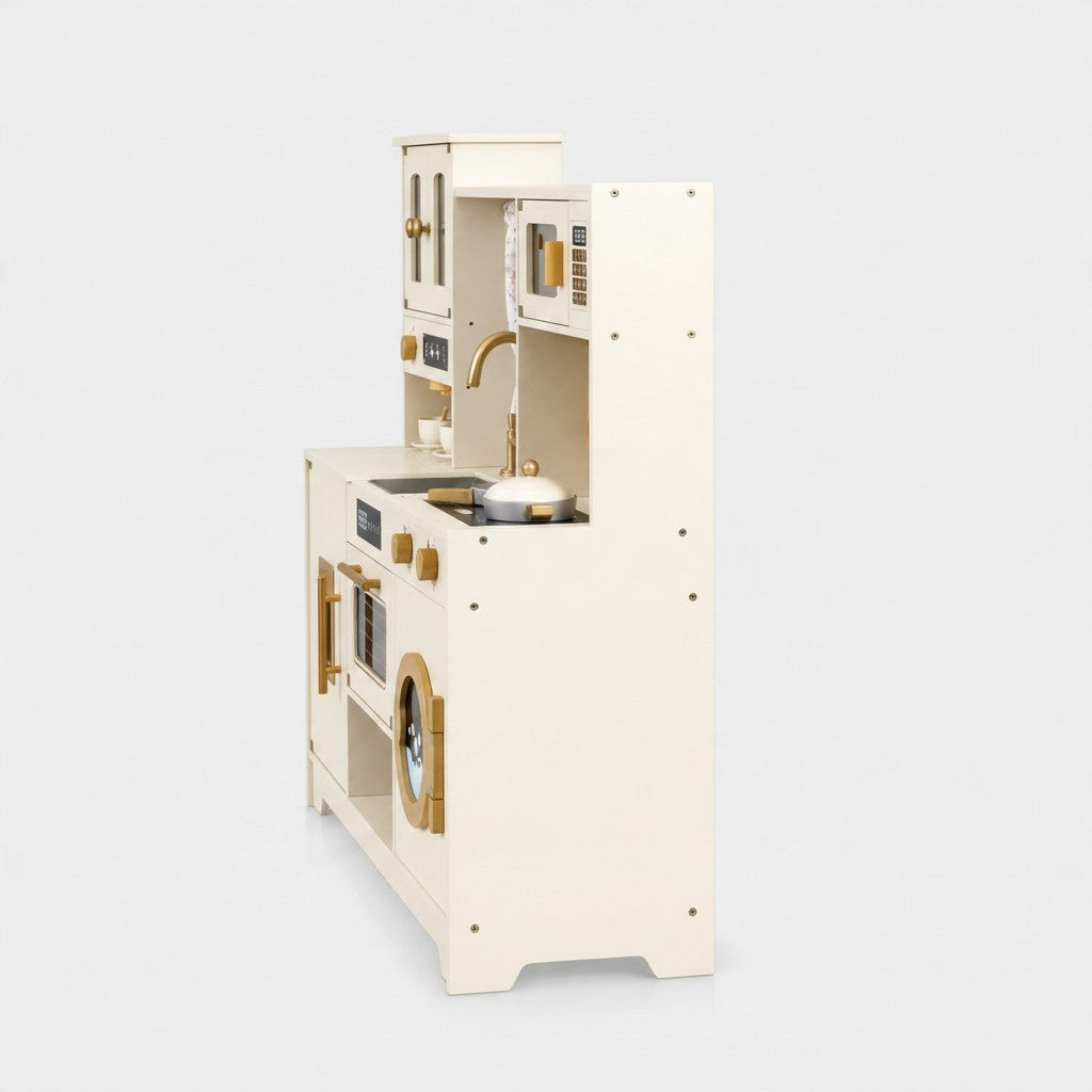 Grande cuisine Montessori en bois Petit Éveil Montessori beige et crème avec électroménager, vue de profil