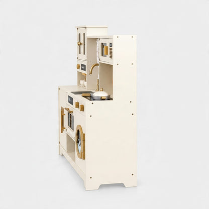 Grande cuisine Montessori en bois Petit Éveil Montessori beige et crème avec électroménager, vue de profil
