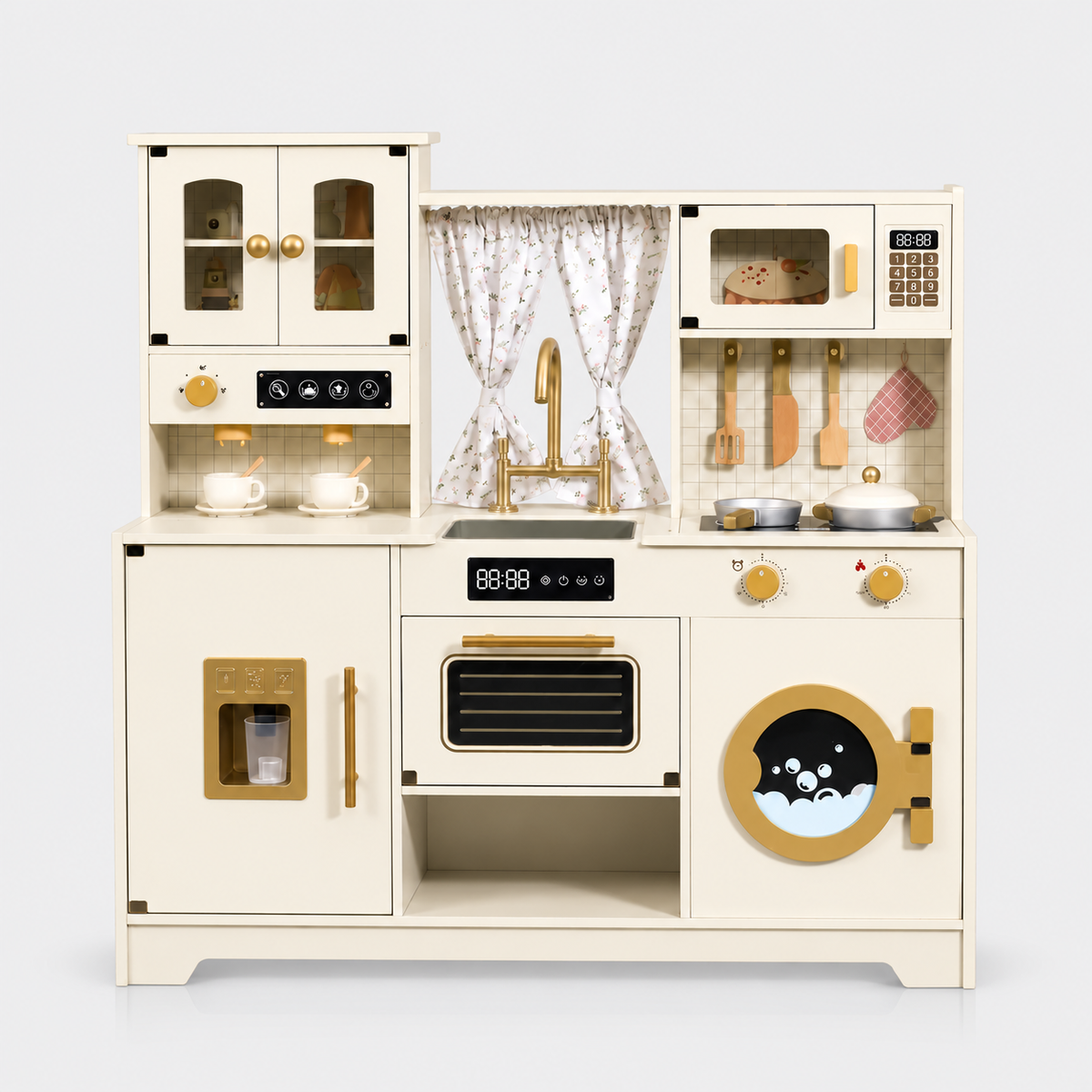 Grande cuisine Montessori en bois Petit Éveil Montessori beige et crème avec accessoires, four et machine à laver.