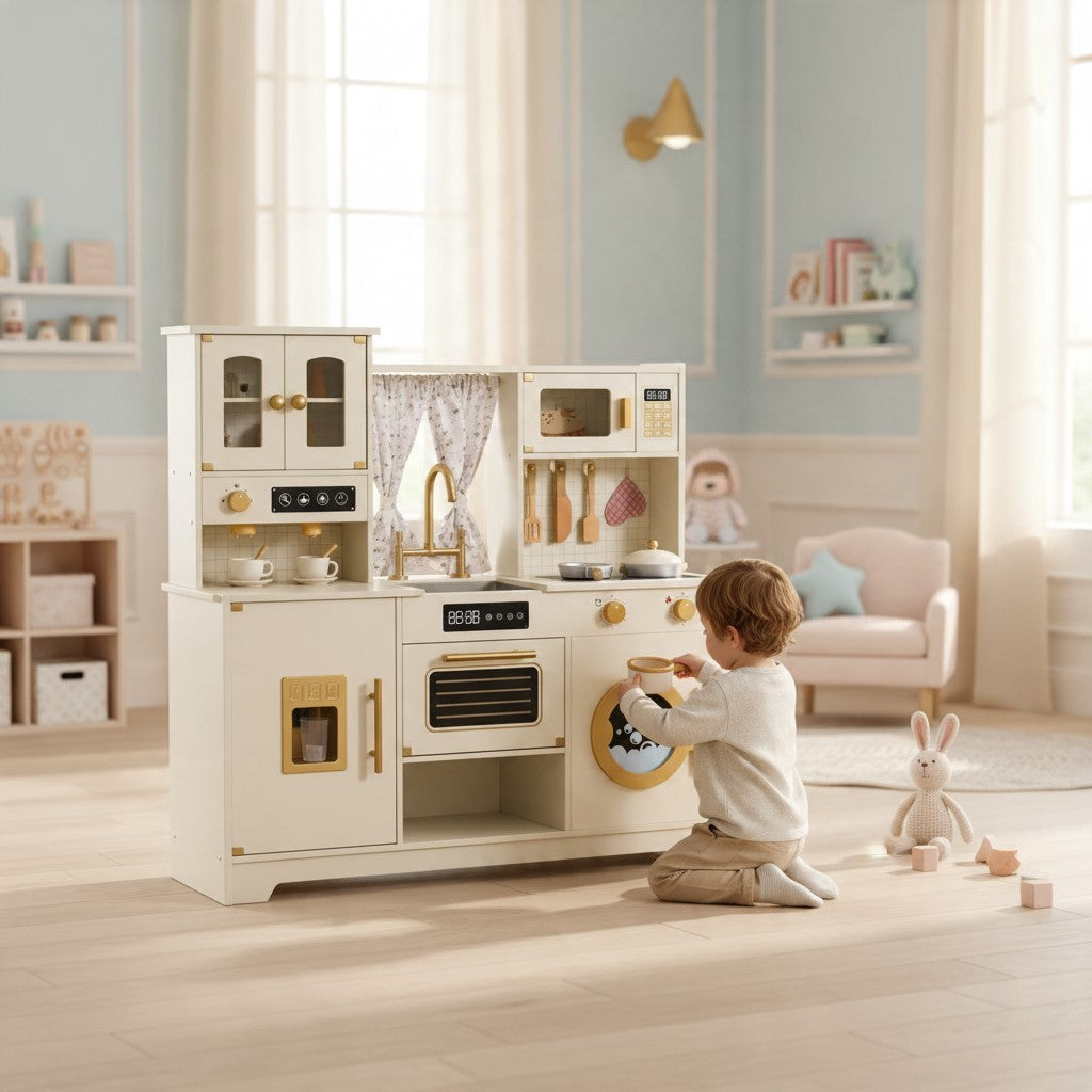 Petit Éveil Montessori grande cuisine en bois beige et crème avec accessoires pour enfant jouant dans une chambre