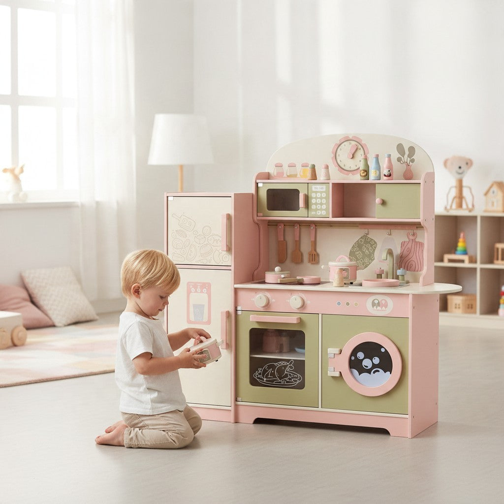 Enfant jouant avec une grande cuisine Montessori en bois Petit Éveil Montessori aux tons rose, vert et beige.
