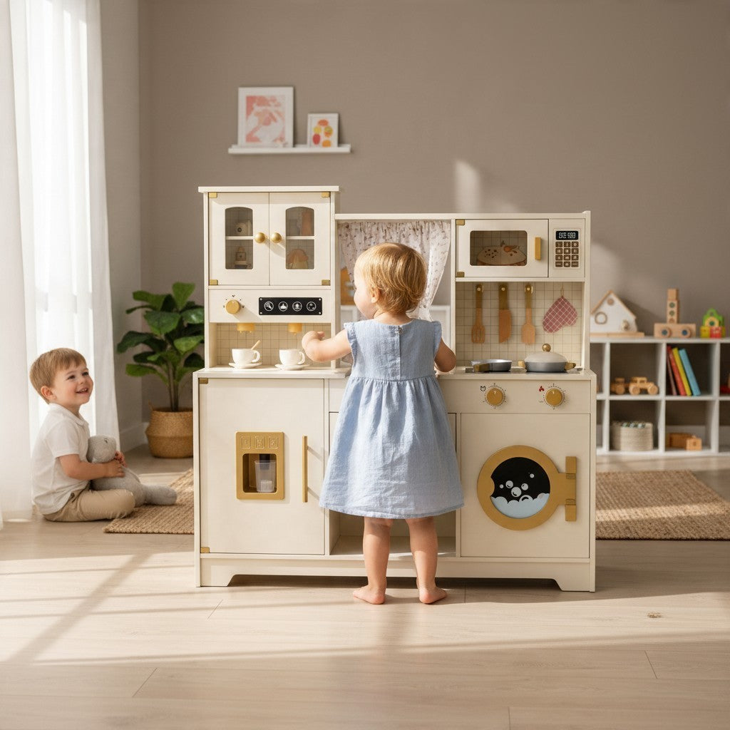 Enfants jouant avec une grande cuisine Montessori en bois Petit Éveil Montessori beige et crème avec accessoires