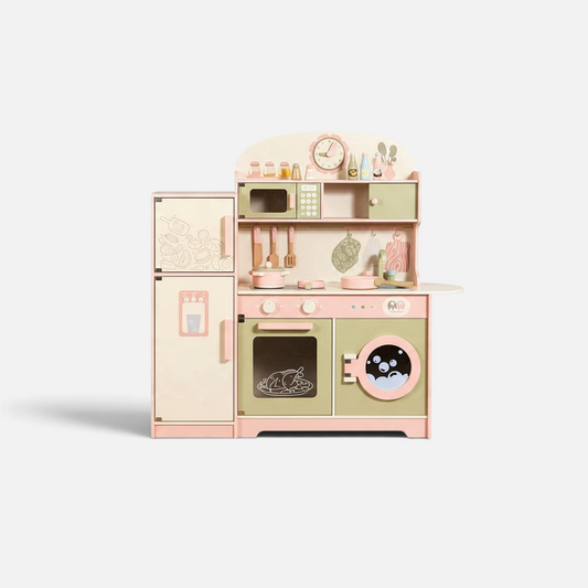 Grande cuisine Montessori en bois Petit Éveil Montessori rose, vert sauge et beige avec accessoires et électroménager