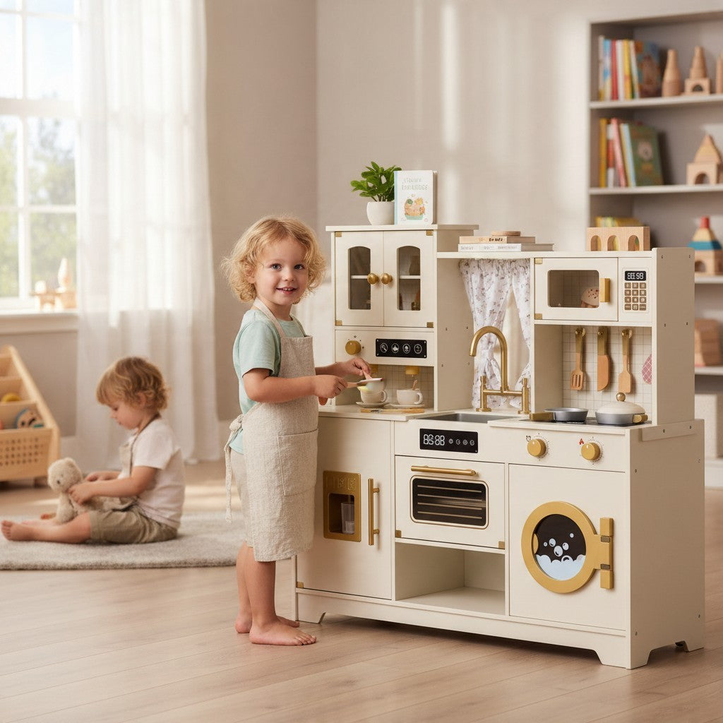 Enfant jouant avec une grande cuisine Montessori en bois Petit Éveil Montessori beige et crème avec accessoires